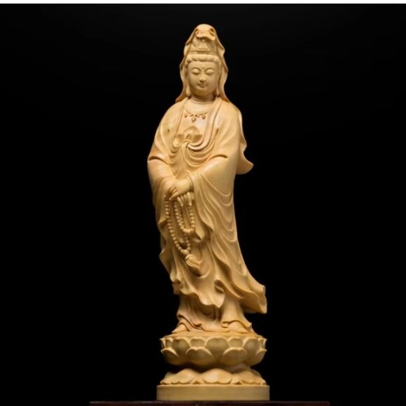 LARGE GUANYIN BUDDHA STATUE-Finished Cypress Wood-Boddhisattva-Gift Box Included - Picture 1 of 16